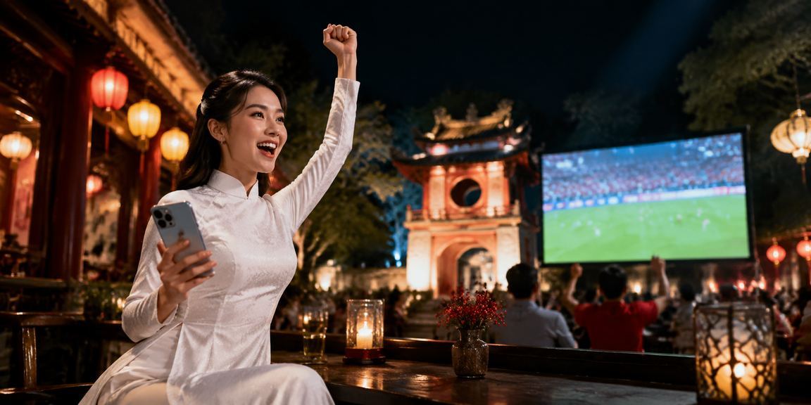 Người phụ nữ mặc áo dài truyền thống Hà Nội xem thông tin cá cược casino trên điện thoại